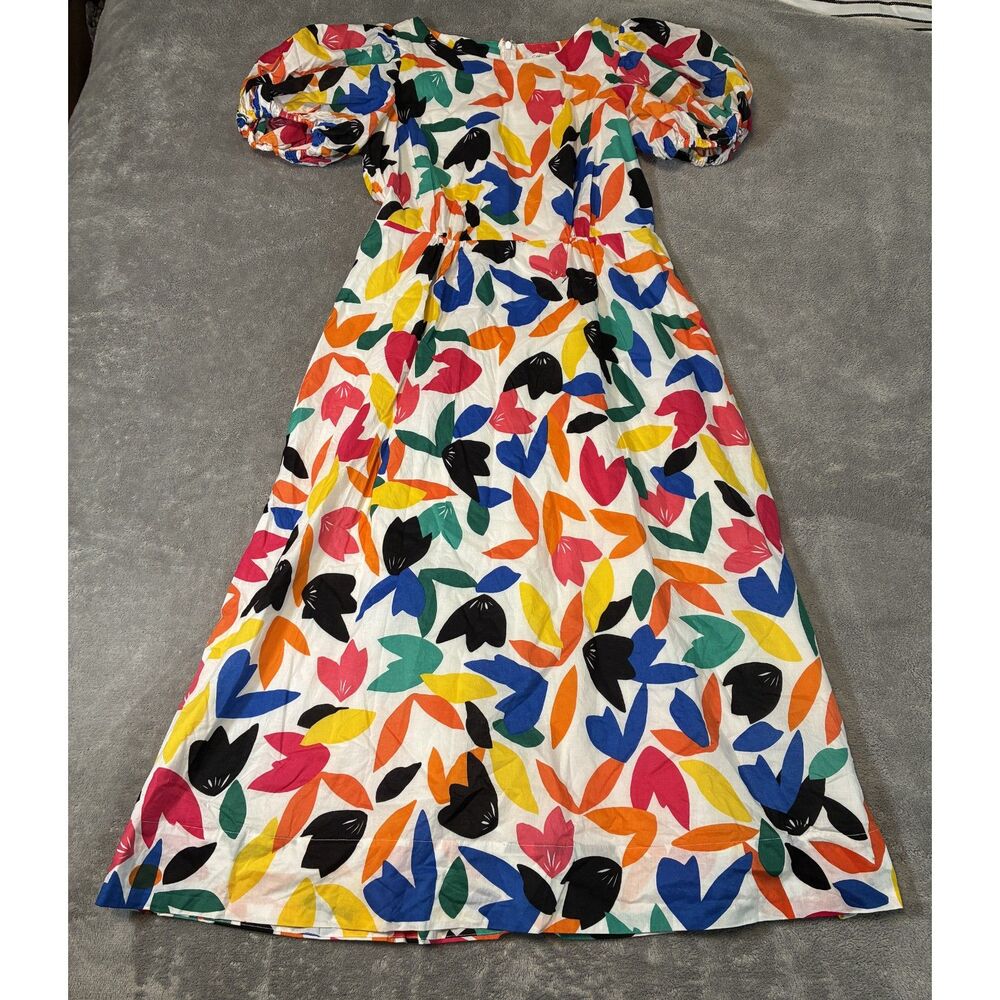 Calvin Klein Pleated Puff Sleeve Midi Dress Abstract Colorful Flowing Size 10